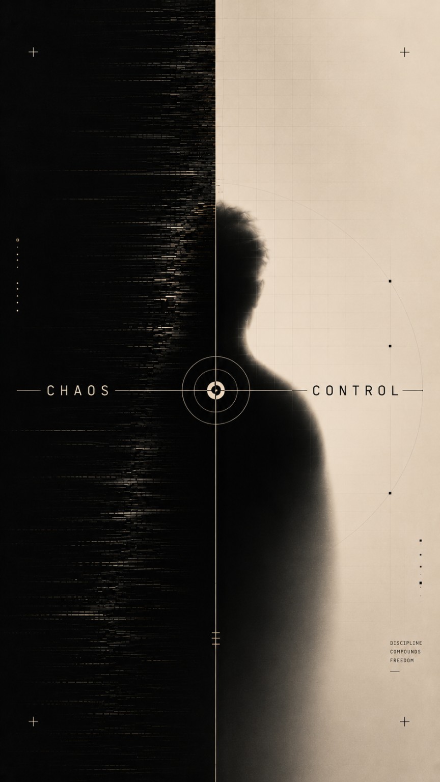 A human silhouette divided between black chaos and warm cream control, with an original grid and central crosshair.